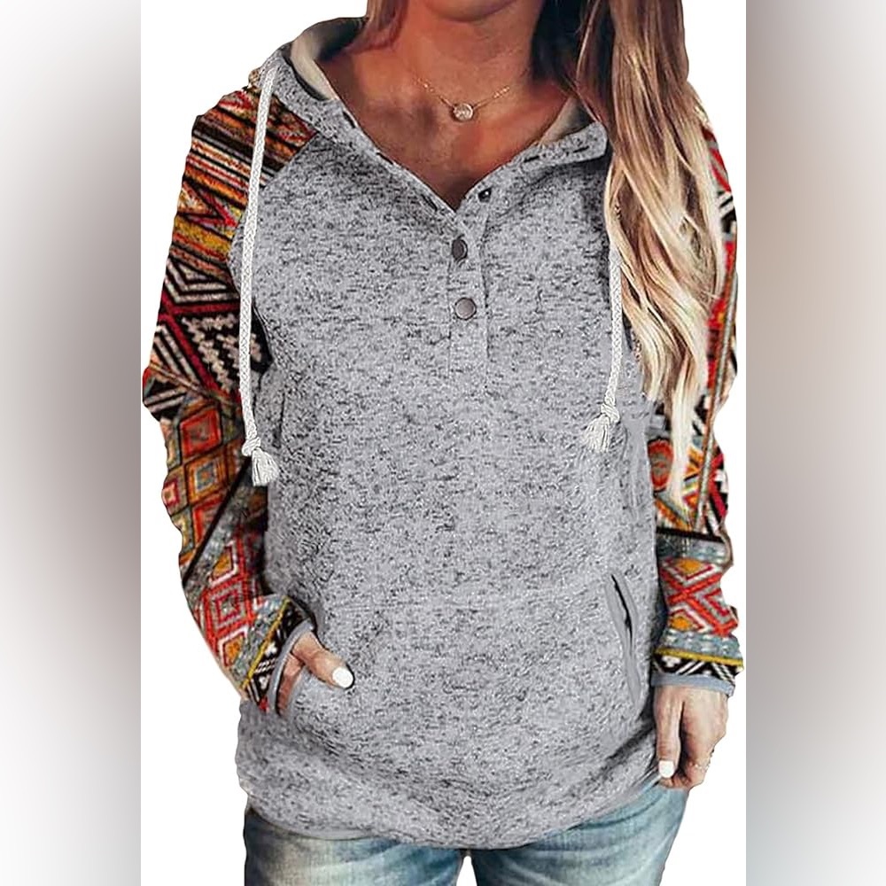 Womens LS Button Collar Drawstring Pullover Hoodi… - image 1